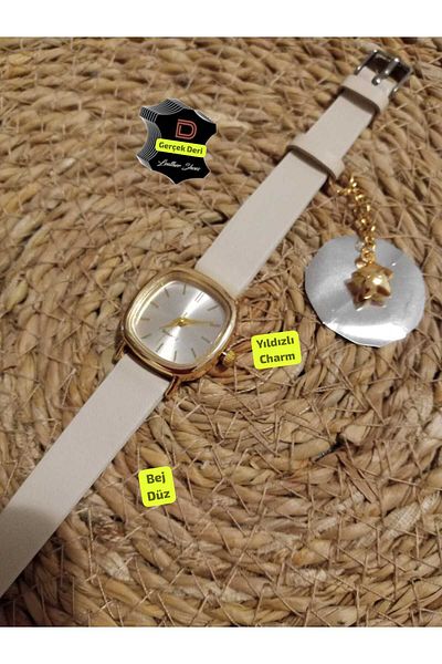 Brality Charm Starry.. Real Leather Beige Cord Vintage Oval Square Women Wrist Watch.. Gold Case... 0021