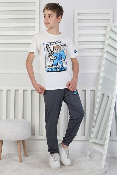 Yağmur Giyim İsob White Minec Patterned 100% Cotton Short Sleeve Boy's Pajama Set 8-13 Years 41512-B