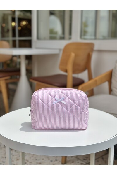 Batekso Pink Striped Makeup Bag - Large Size