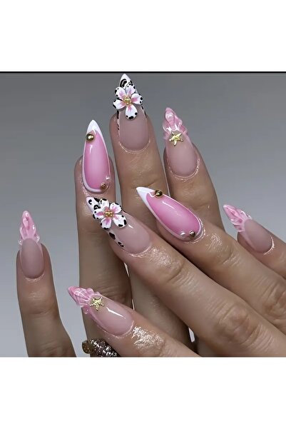 PİRAYE AKSESUAR 24'lü Ombreli Pembe Gold Charm ve Kabartma Çiçek Detaylı Uzun...