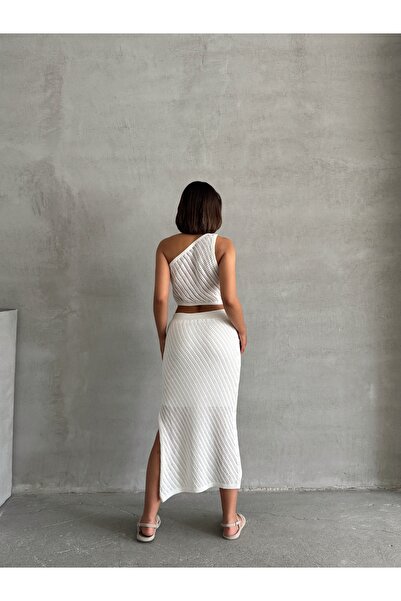 BEJNA Women's Ecru Openwork Summer Knitwear Crop Skirt Set