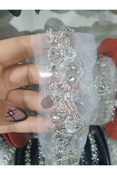 ESRA ŞELEM White Tulle Bias Beaded Decorative Ribbon Applique Sewing Accessory