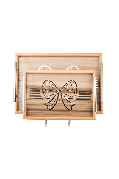 Dania A set of wooden trays and bowls with metal handles and a beautifully engraved glass-covered base.