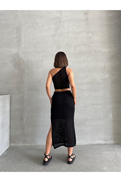 BEJNA Women's Black Openwork Summer Knitwear Crop Skirt Set