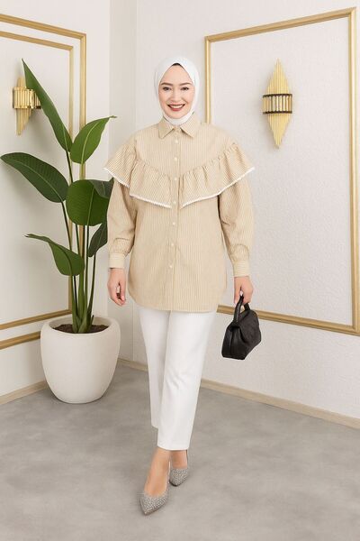 sd butique Fırfır Detaylı Çizgili Gömlek – Şık, Zarif ve Rahat Tasarım-Dantel...