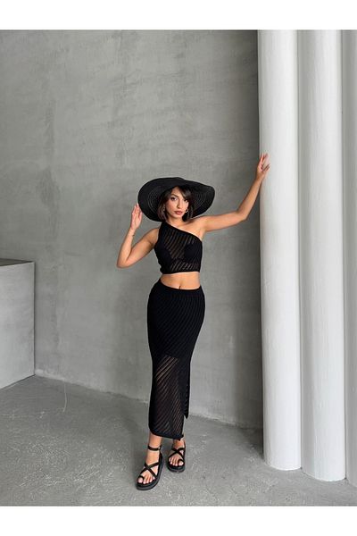 BEJNA Women's Black Openwork Summer Knitwear Crop Skirt Set