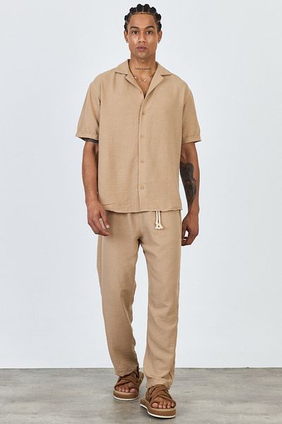 MADZEYMODA Premium Men's Summer Comfortable Fit Short Sleeve Shirt & Pants Bottom Top Light Coffee Linen Suit Ls-5698