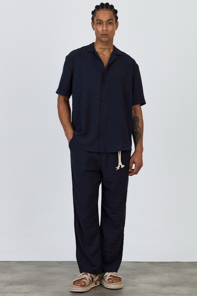 MADZEYMODA Premium Men's Summer Comfortable Fit Short Sleeve Shirt & Pants Bottom Top Navy Linen Suit Ls-5698