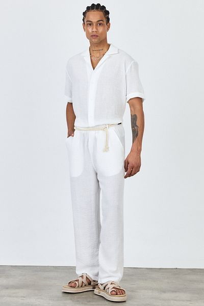 MADZEYMODA Ανδρικό καλοκαιρινό άνετο κοντομάνικο πουκάμισο και παντελόνι Premium Λευκό λινό κοστούμι LS-5698