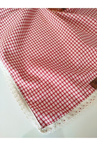 denizli hatırası Organic Raw Linen Red Poti Checkered Laced Tablecloth