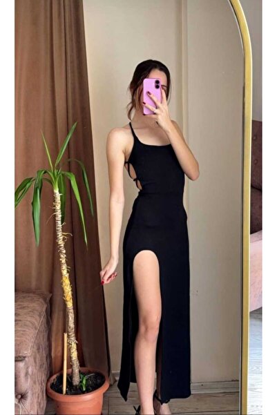 Moonstarcollection Yırtmaçlı sırt dekolteli spagetti askılı uzun Gece elbises...