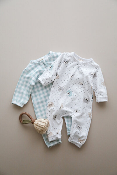 DoDo'S Baby 100% Organic Cotton 2-piece Bear and Mint Plaid Pattern Baby Slee...