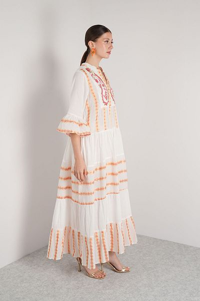 NAVAJO Maxi Dress - White Orange Embroidery - 100% Cotton - Standard Size (36-44)