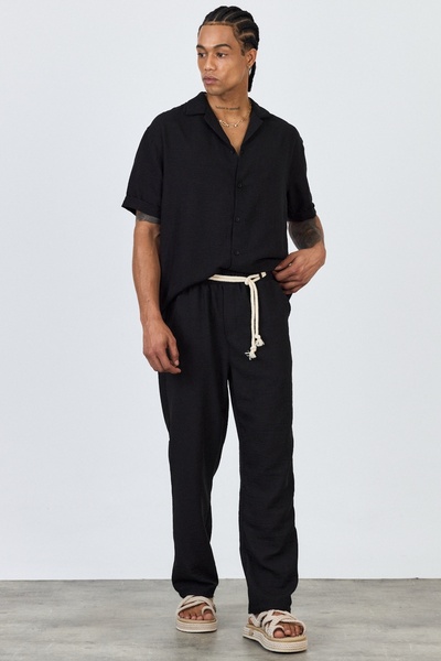 MADZEYMODA Premium Men's Summer Comfortable Fit Short Sleeve Shirt & Pants Bottom Top Black Linen Suit Ls-5698