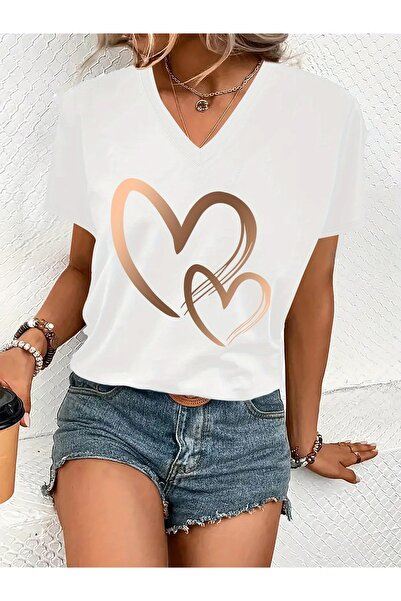 WOODROFFE Kadın Gold Kalp Baskılı Beyaz V yaka T-Shirt Baskılı Oversize Salaş
