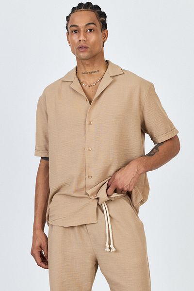 MADZEYMODA Premium Men's Summer Comfortable Fit Short Sleeve Shirt & Pants Bottom Top Light Coffee Linen Suit Ls-5698