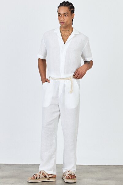 MADZEYMODA Premium Men's Summer Comfortable Fit Short Sleeve Shirt & Pants Bottom Top White Linen Suit Ls-5698