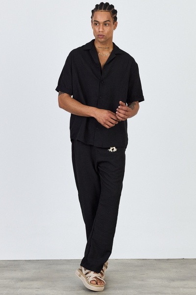 MADZEYMODA Premium Men's Summer Comfortable Fit Short Sleeve Shirt & Pants Bottom Top Black Linen Suit Ls-5698
