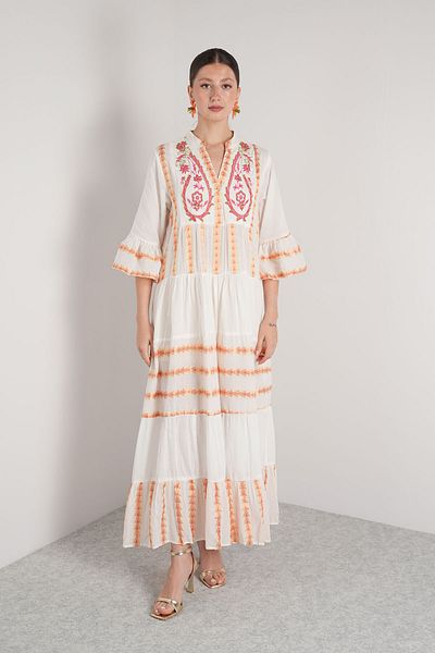NAVAJO Maxi Dress - White Orange Embroidery - 100% Cotton - Standard Size (36-44)