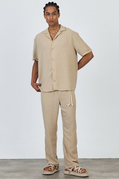 MADZEYMODA Premium Men's Summer Comfortable Fit Short Sleeve Shirt & Pants Bottom Top Beige Linen Suit Ls-5698