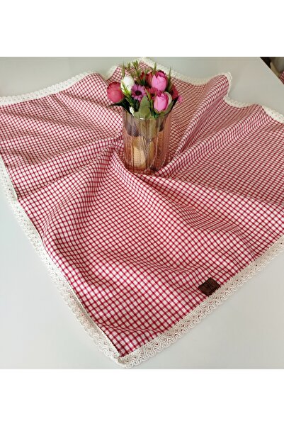 denizli hatırası Organic Raw Linen Red Poti Checkered Laced Tablecloth
