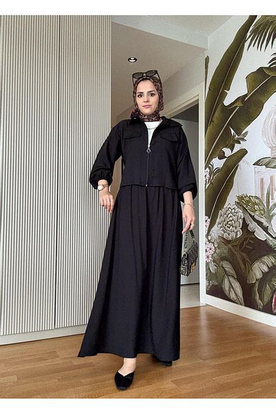Aselim Hijap Moda طقم صيفي مكون من قطعتين مع تنورة نسائية بسحاب من الكتان والفراولة - أسود