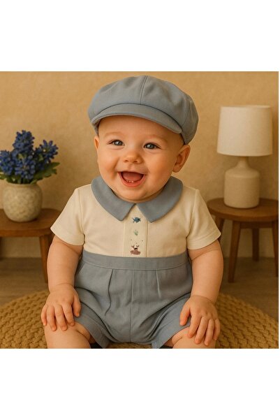 Mama Miel Baby طقم بذلة شورت صيفي أزرق - مطرز يدوياً |   طقم بيبي بوي مطرز يد...