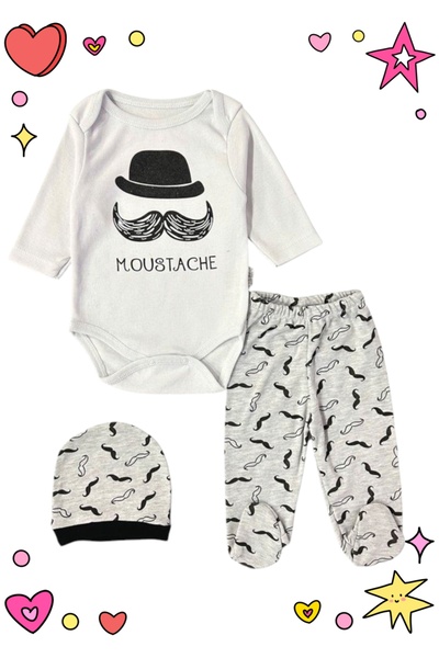 Avşar Baby Mustache Printed Best Top Quality 100% Cotton Domestic Production Bodysuit Set Models