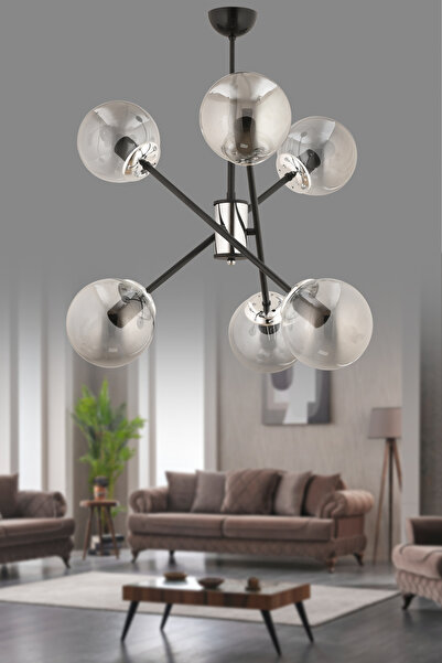 avimonaydınlatma TWİSTER 6'LI SİYAH - KROM RENTE FÜME GLOB CAMLI MODERN SARKIT AVİZE OTURMA ODASI SALON ANTRE