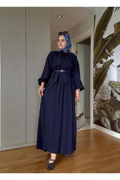 Aselim Hijap Moda Καλοκαιρινό κοστούμι με ζώνη, 3 τεμαχίων Bohemian λεπτομερή βαμβακερή υφασμάτινη φούστα Navy Blue