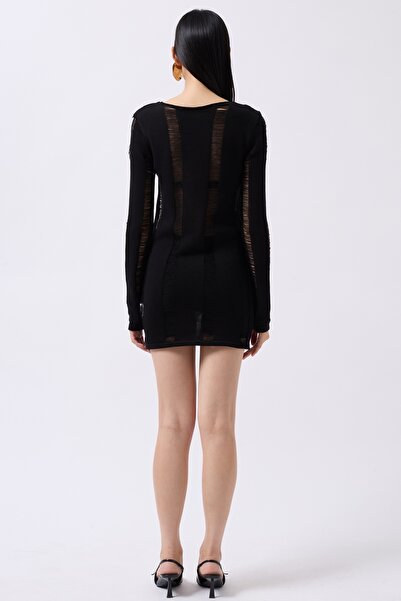 vuvutasarım Women's See-Through Look Long Sleeve Black Beach Dress 003