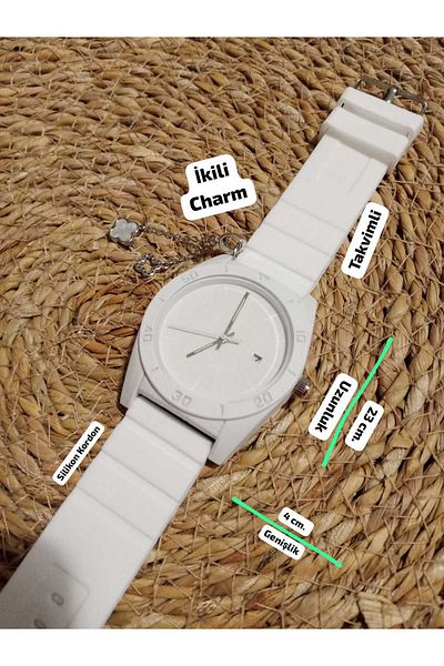 Brality Charm Binary... Unisex Wristwatch with Calendar (White Silicone Strap) (White Steel Round Case) 0083