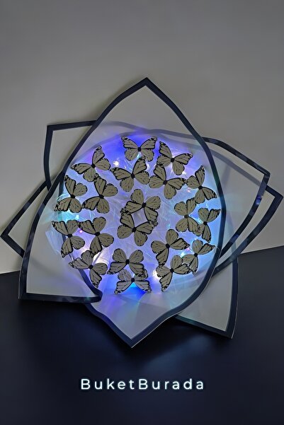 HOVARDA Led Işıklı Beyaz Kelebek Buketi Sevgiliye Hediye Doğum Anneler Günü Yapay Çiçek Solmayan Anneye