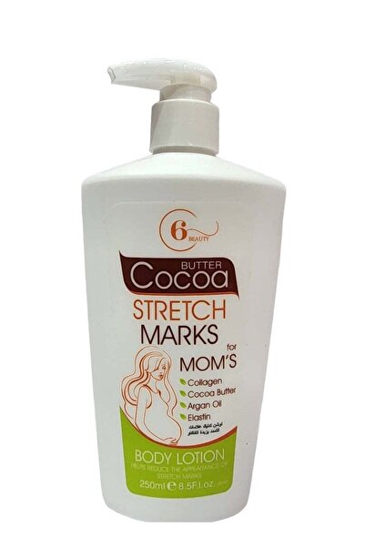 6 Beauty Cocoa butter stretch mark massage lotion for mothers after pregnancy and weight fluctuations; hypoallergenic and moisturizes for 48 hours.