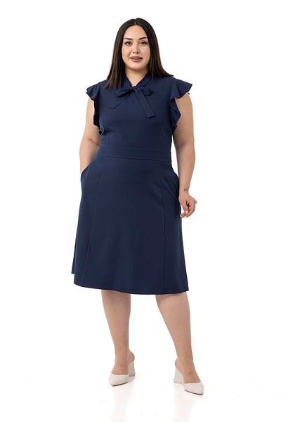 DISENTIS MODEST Plus Size Midi Navy Blue Dress with Scarf Collar and Flared Sleeves