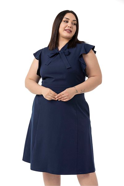 DISENTIS MODEST Plus Size Midi Navy Blue Dress with Scarf Collar and Flared Sleeves