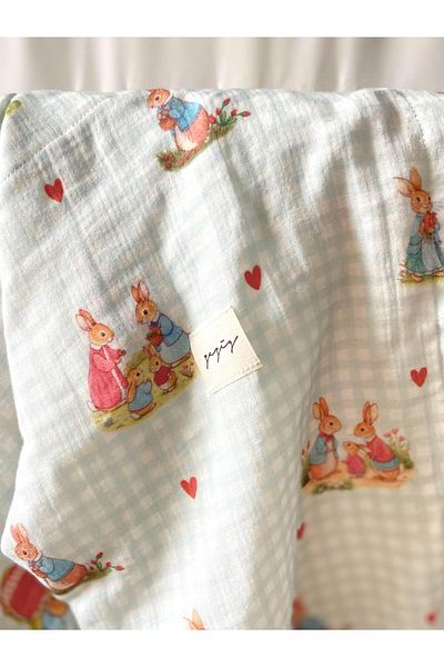 Zezig Rabbit Family Purple Blue Muslin Blanket