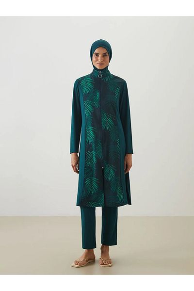 LC Waikiki Lcw Dream Green Stand Collar Floral Women's Hijab Swimsuit Set