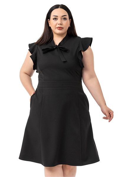 DISENTIS MODEST Plus Size Midi Black Dress with Scarf Collar and Flared Sleeves