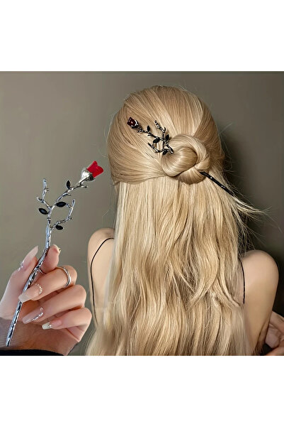 MİLALAZO عصا شعر مزينة بزهرة الكرمة من سبيكة أنيقة عتيقة، مشبك شعر صيني على الطراز القوطي باللون الأحمر