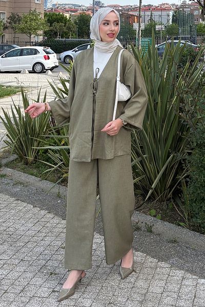 Tesettür Diyarı Kimono Double Set with Binding Detail - Khaki