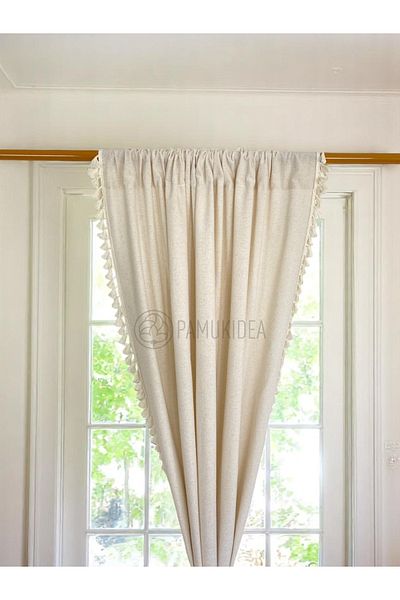 pamukidea Rustic Pocketed Cream Pompom - Tasseled 100% Cotton Buldan Linen Curtain - Single Wing - (En X Size)