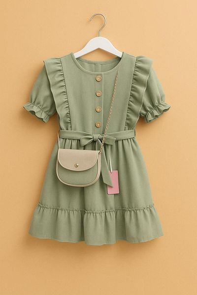 XORVİO Girl's Stylish Short Sleeve Bag Belted Waist Zipper Button Detail Cotton Water Green Linen Dress