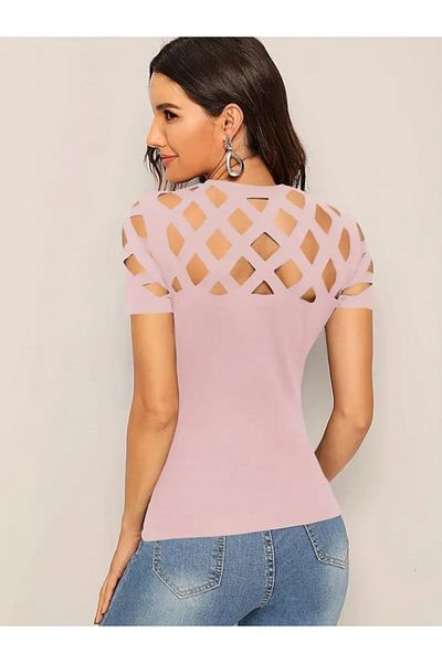 İpeksi Silky Women's Short Sleeve Argyle Pattern Laser Cut Imported Crepe Blouse