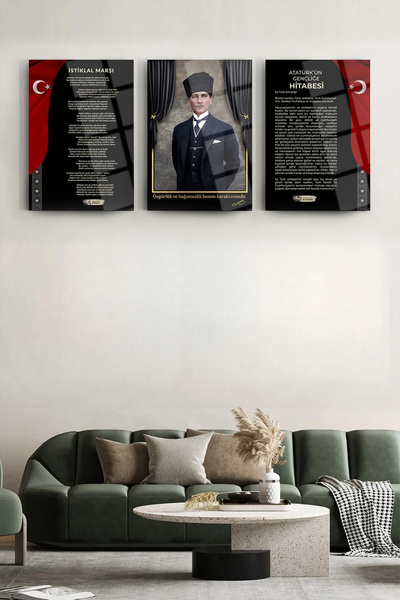 Glass Decoratıon Atatürk 3'lü Set Cam Tablo- Atatürk Tablosu - İstiklal Marşı Tablosu - Gençliğe Hitabe Tablosu