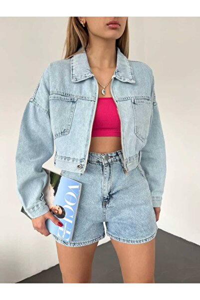 Zeliza Butik سترة جينز كروب بسحاب