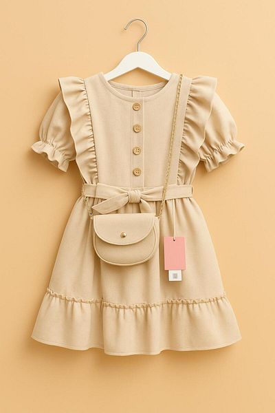 XORVİO Girl's Stylish Short Sleeve Bag Belted Waist Zipper Button Detail Cotton Cream Linen Dress
