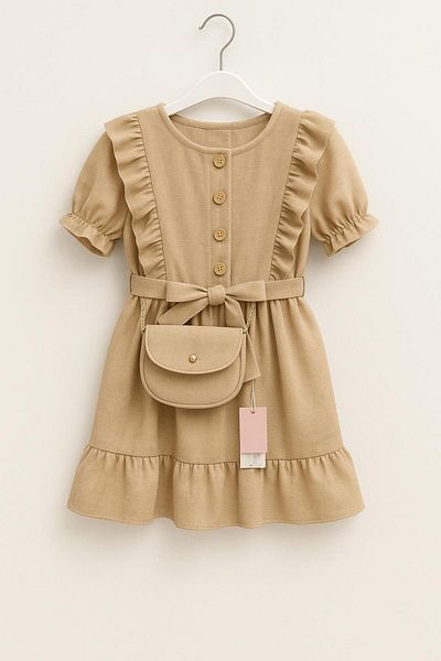 XORVİO Girl's Stylish Short Sleeve Bag Belted Waist Zipper Button Detail Cotton Brown Linen Dress
