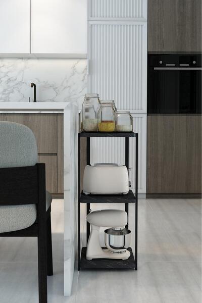 Mgr Office MENEKŞE 3 Raflı Mutfak Rafı Dekoratif Çok Amaçlı Raf SİYAH MERMER