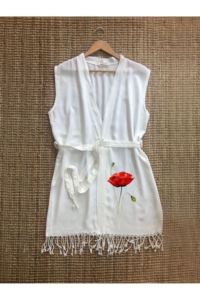 Kidilia Bamboo Sleeveless Peshtemal Kimono with Poppy Flower Design